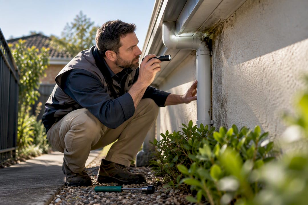 Inspector examining gutter and exterior wall